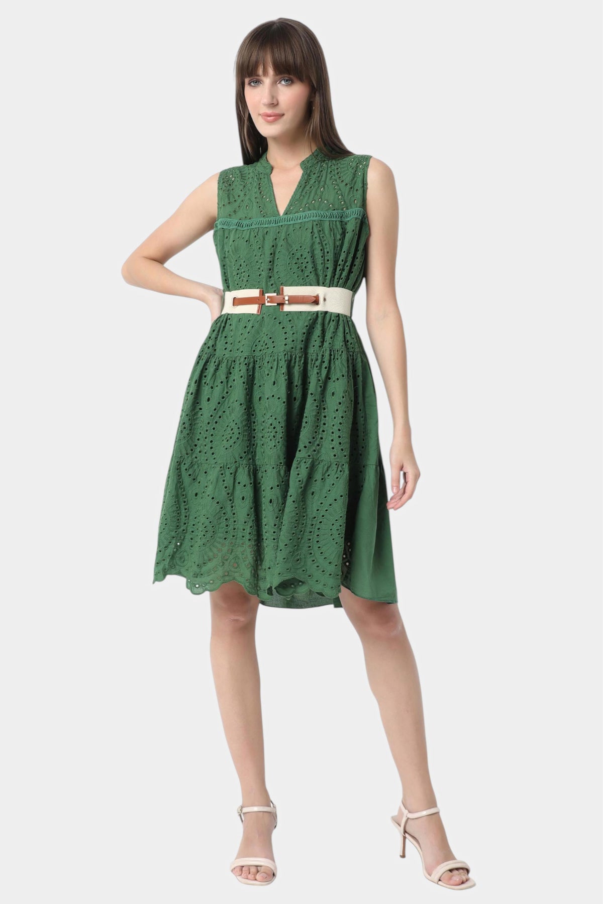 Schiffli Tiered Dress with Belt