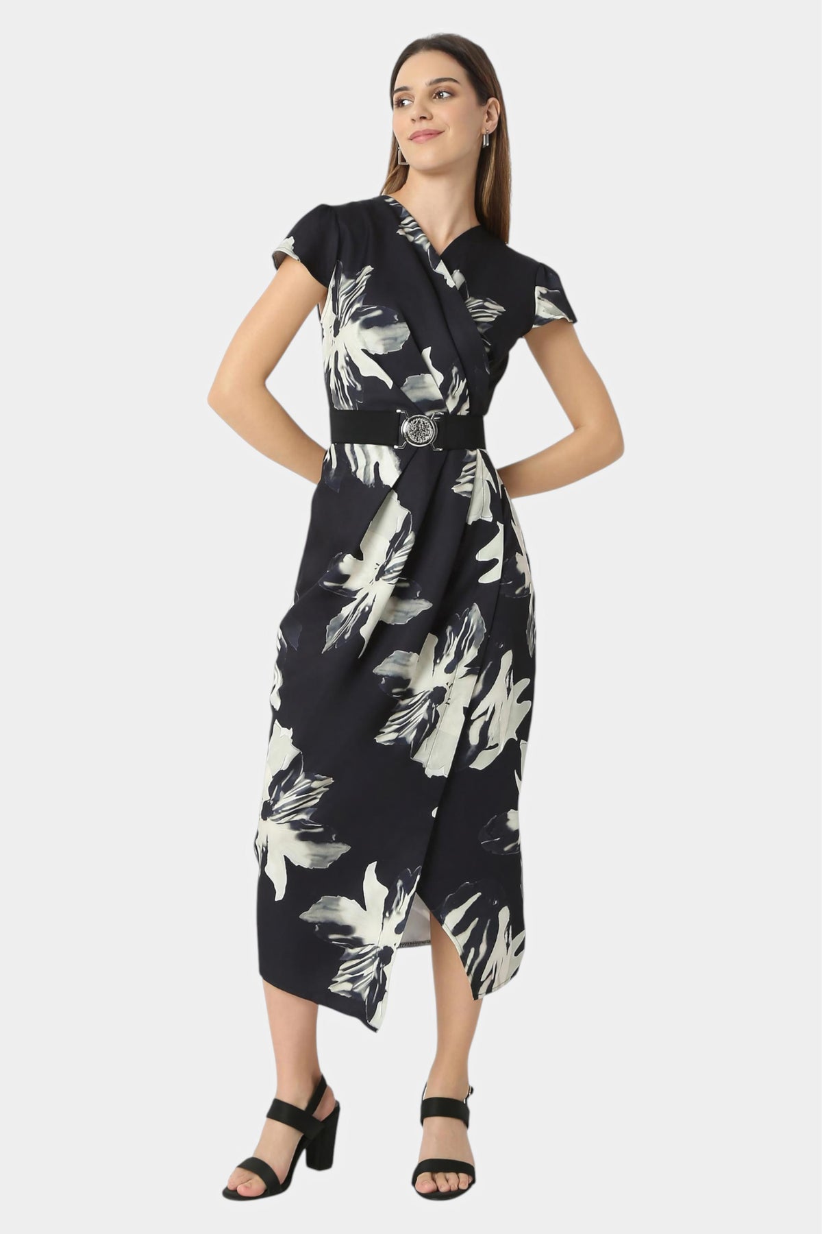 Floral Print Wrap Midi Dress with Belt