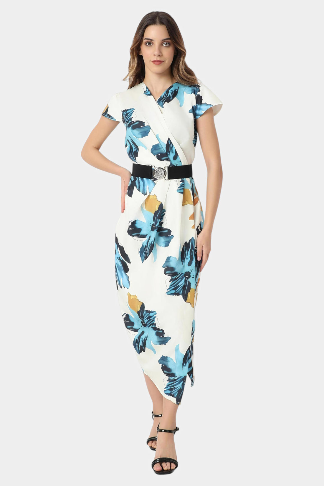 Floral Print Wrap Midi Dress with Belt