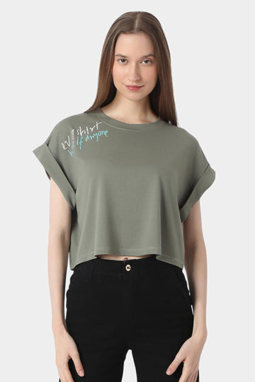 Olive Typography Print Boxy Crop T-Shirt