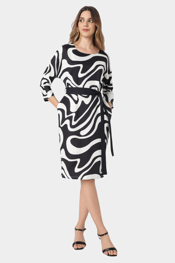 Black and White Abstract Swirl Print Belted Dress