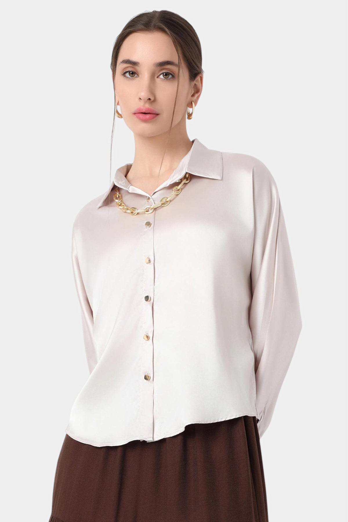 Satin Shirt with Chain Necklace Detail