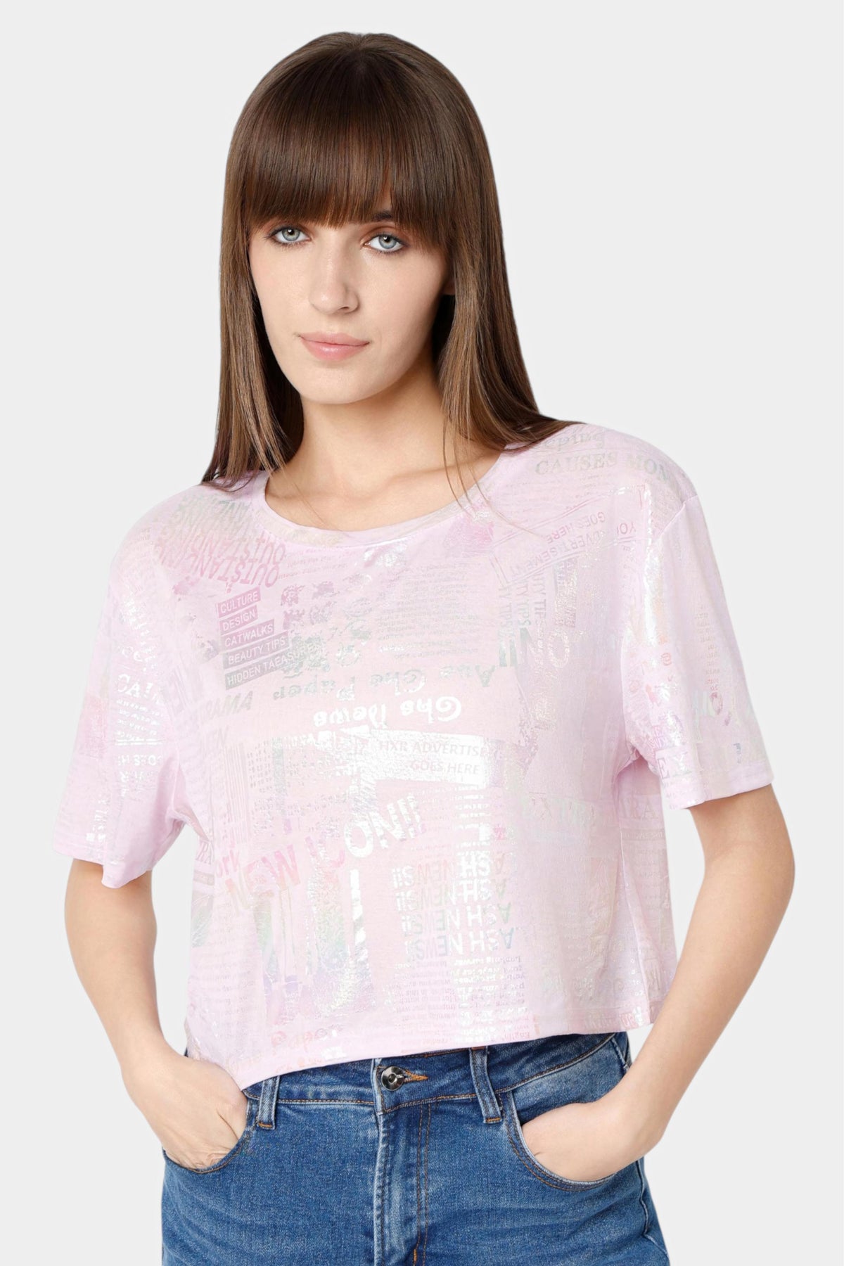 Holographic Foil Newspaper Print Crop T-Shirt