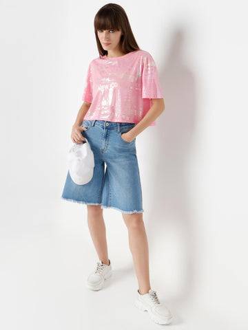 Metallic Graphic Statement Top