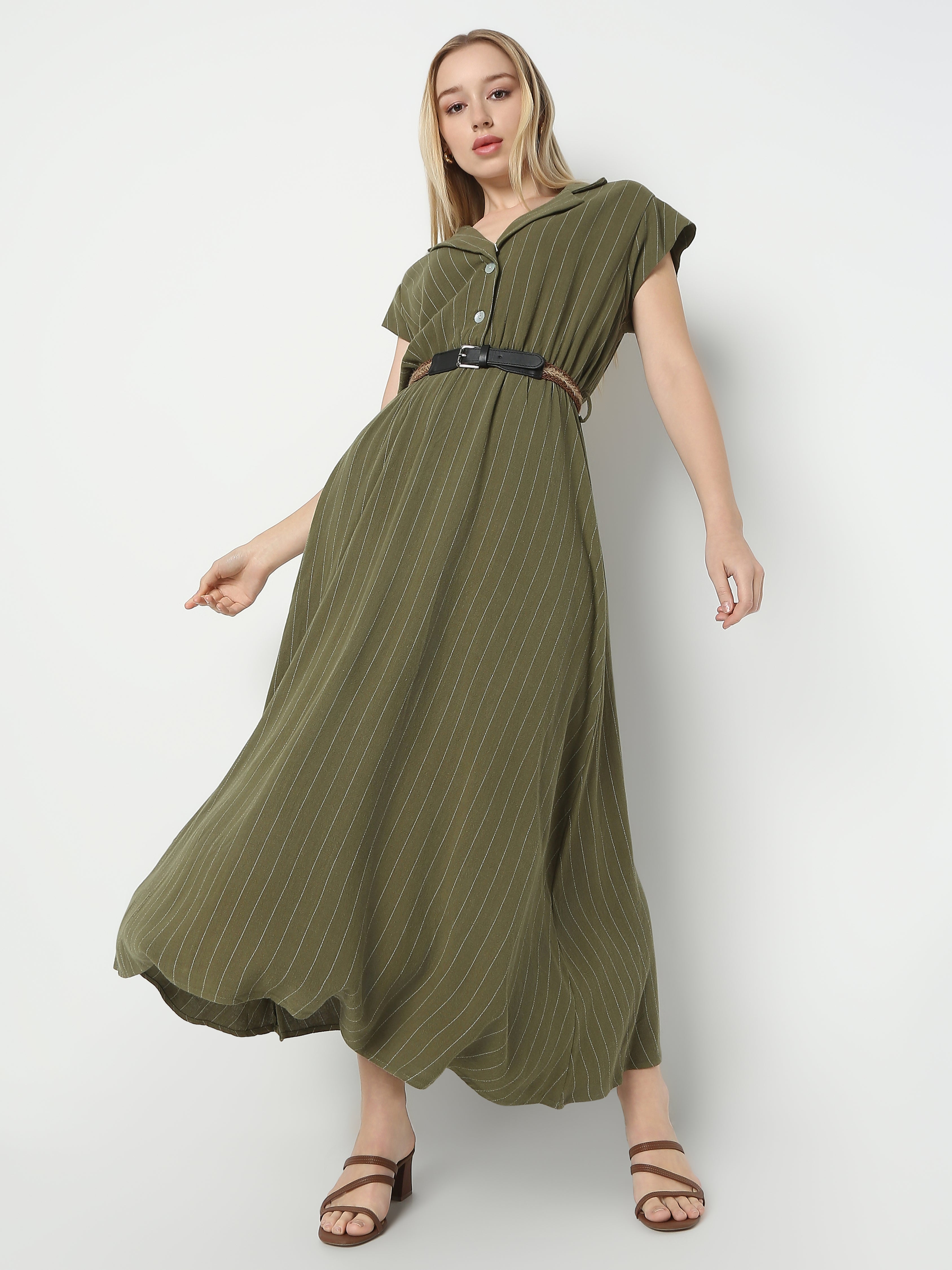 Women's Striped Maxi Shirt Dress