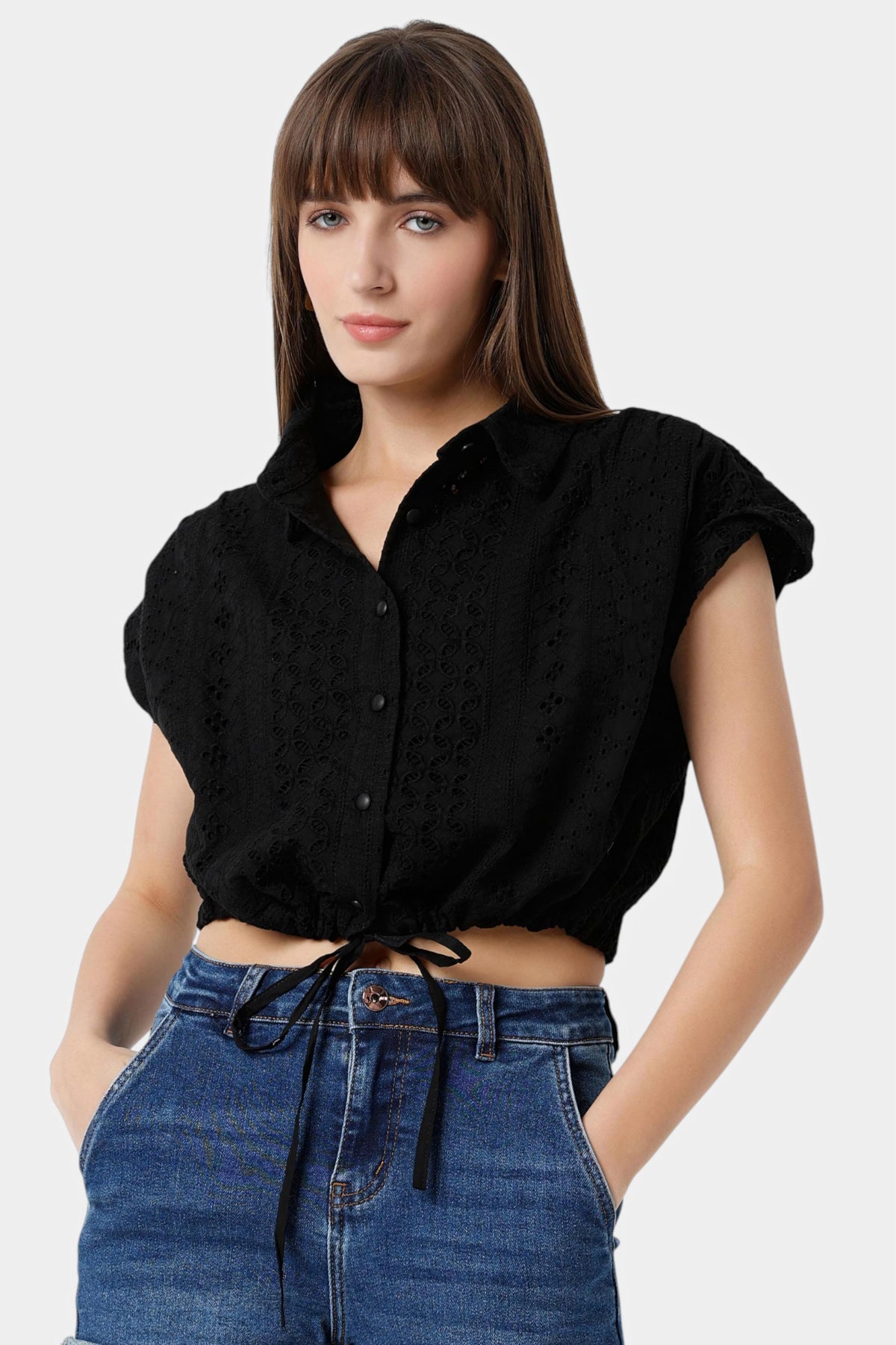 Schiffli Crop Shirt with Drawstring Hem
