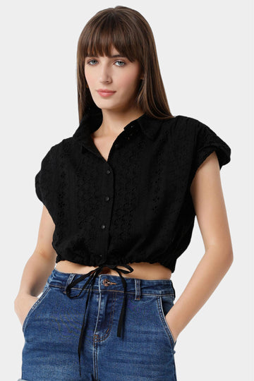 Schiffli Crop Shirt with Drawstring Hem