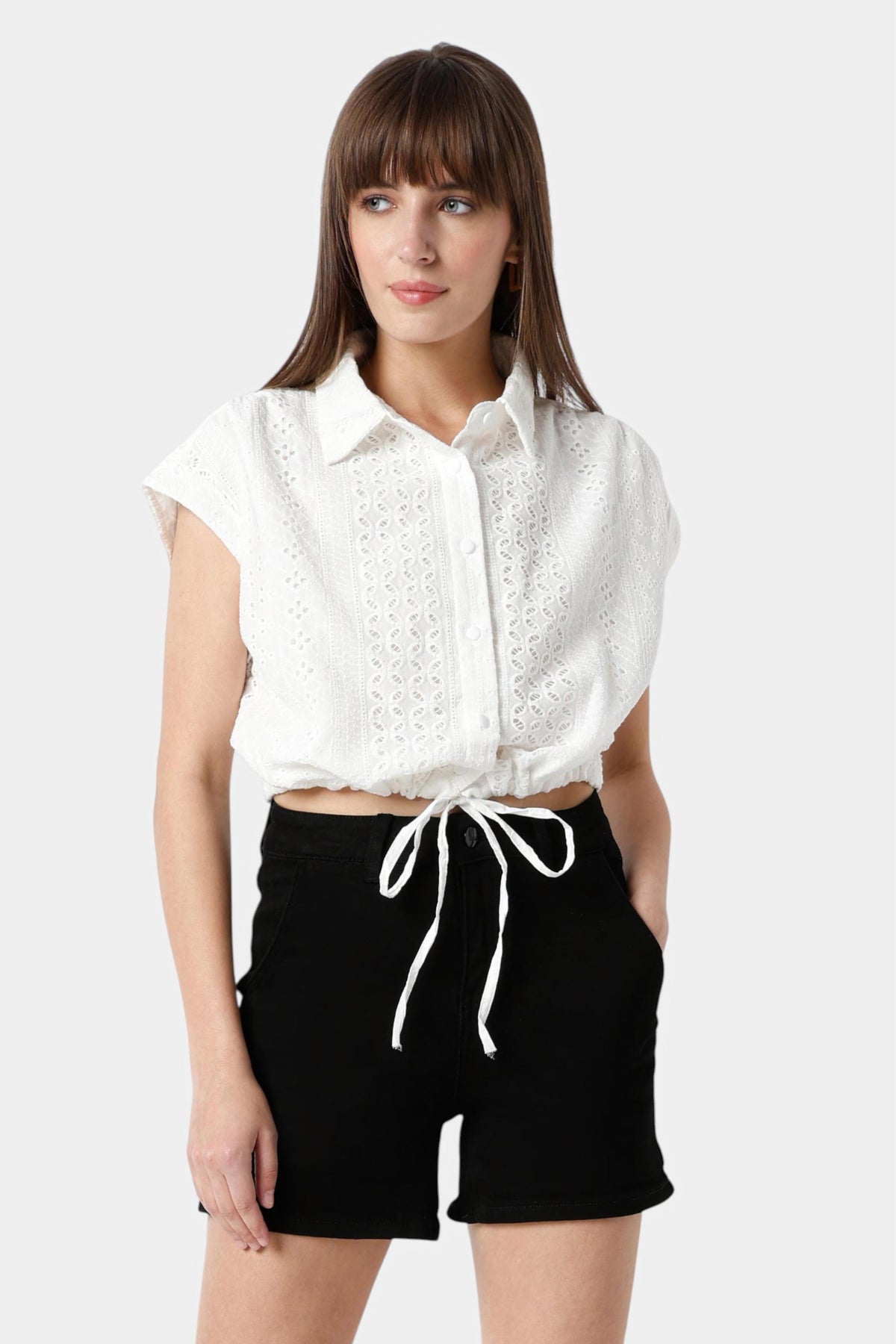 Schiffli Crop Shirt with Drawstring Hem