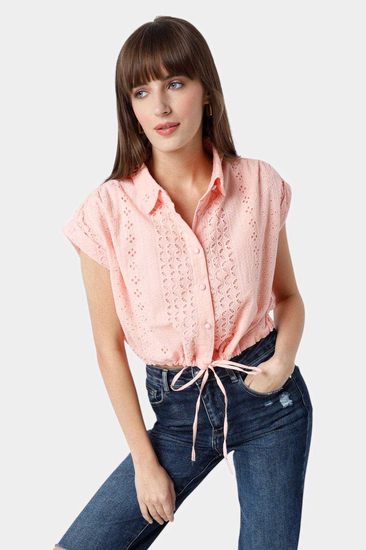 Schiffli Crop Shirt with Drawstring Hem