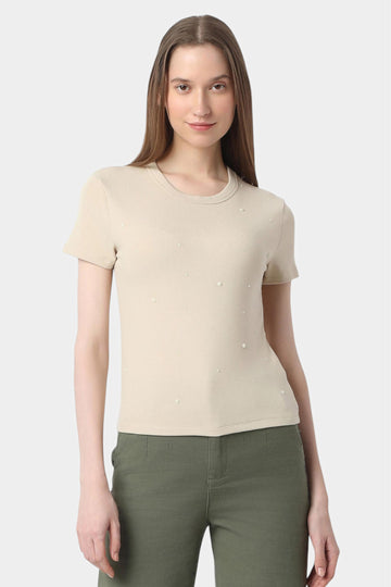 Pearl Embellished Slim Fit T-Shirt