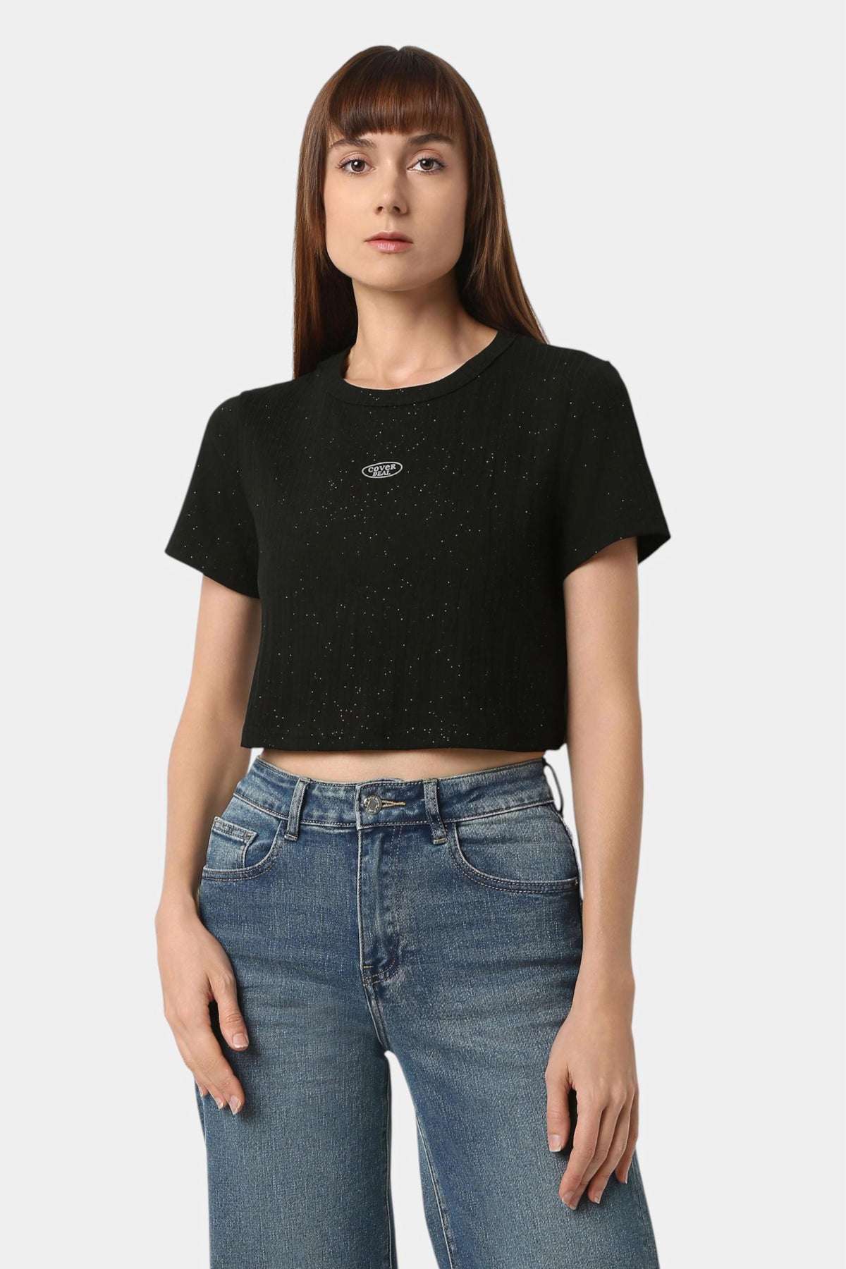 Shimmer Ribbed Crop T-Shirt with Badge
