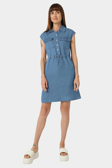 Denim Utility Shirt Dress with Drawstring Waist