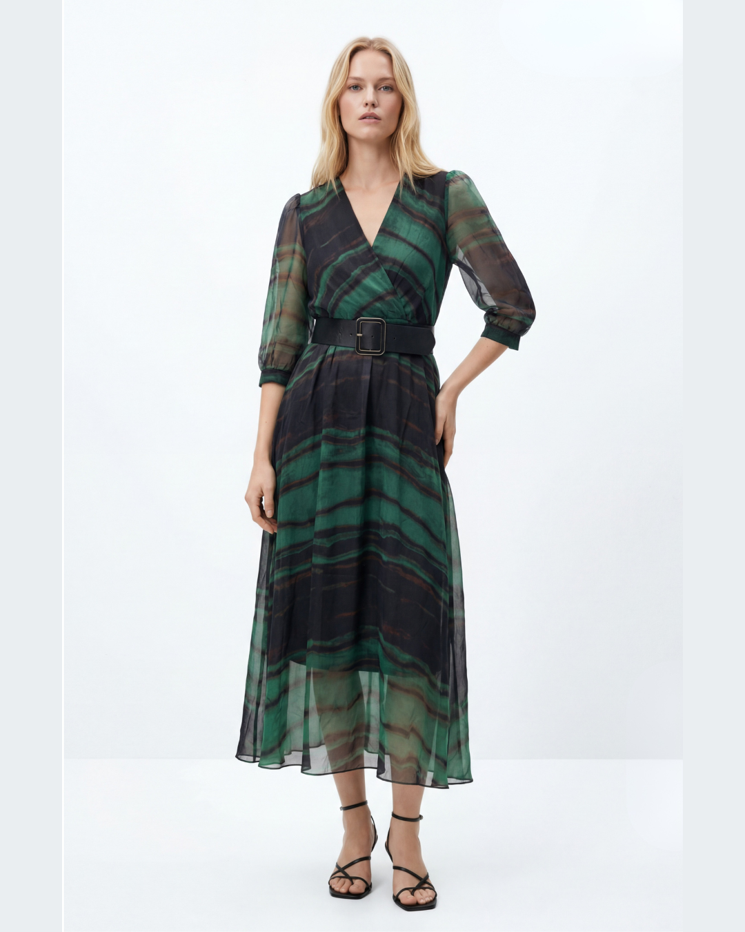 Women’s Green Abstract Print Sheer Sleeve Maxi Dress with Belt