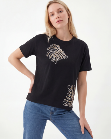 Leaf Embroidered Cotton T-shirt