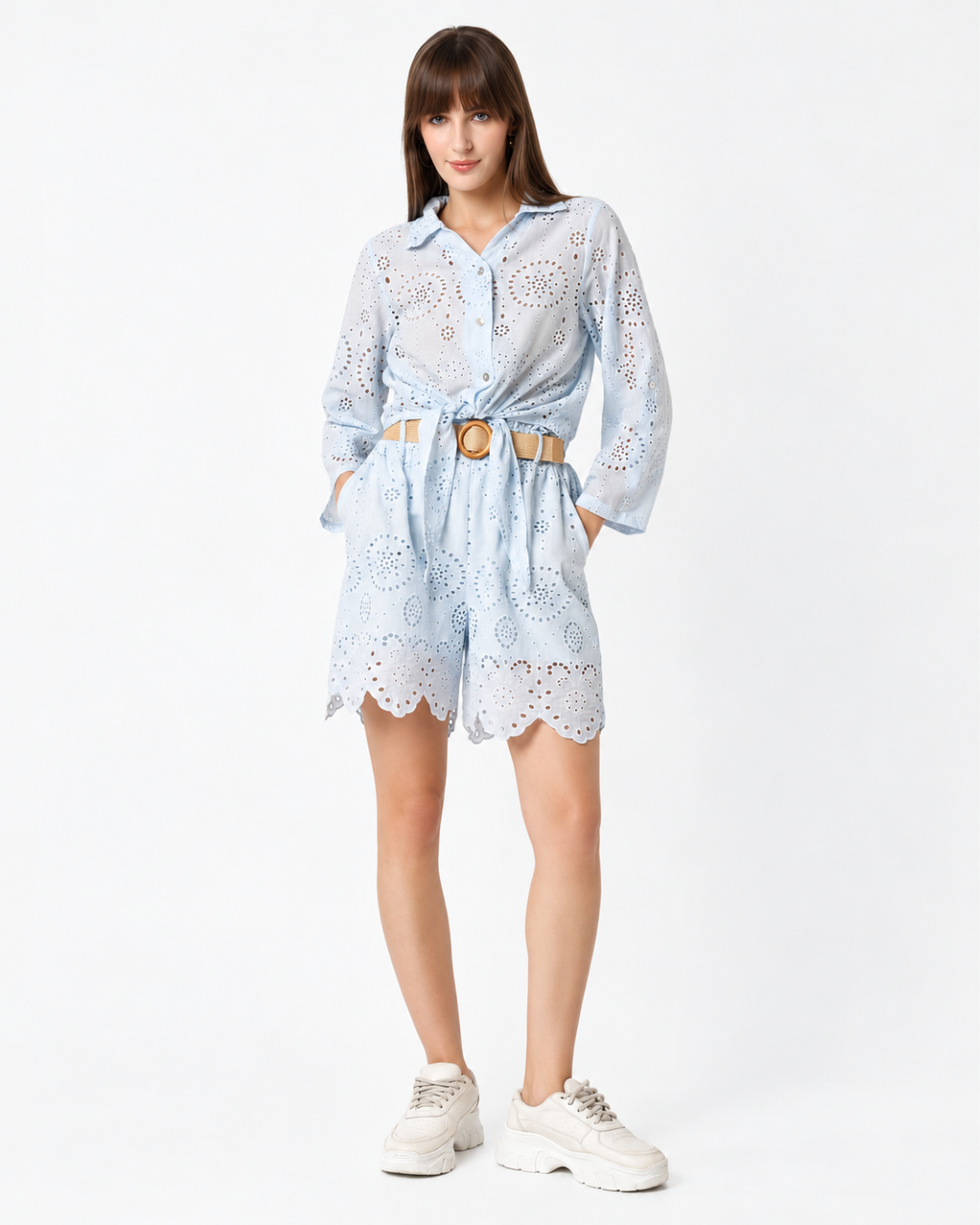 Light Blue Schiffli Shirt and Shorts Co-ord Set