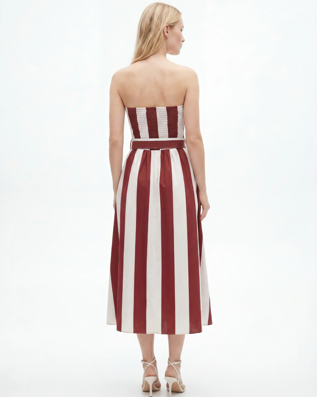 Red and White Striped Strapless Maxi Dress