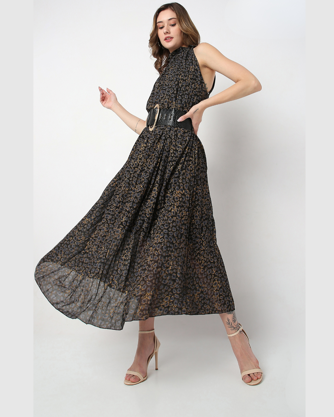 Glam High-Neck Midi Dress