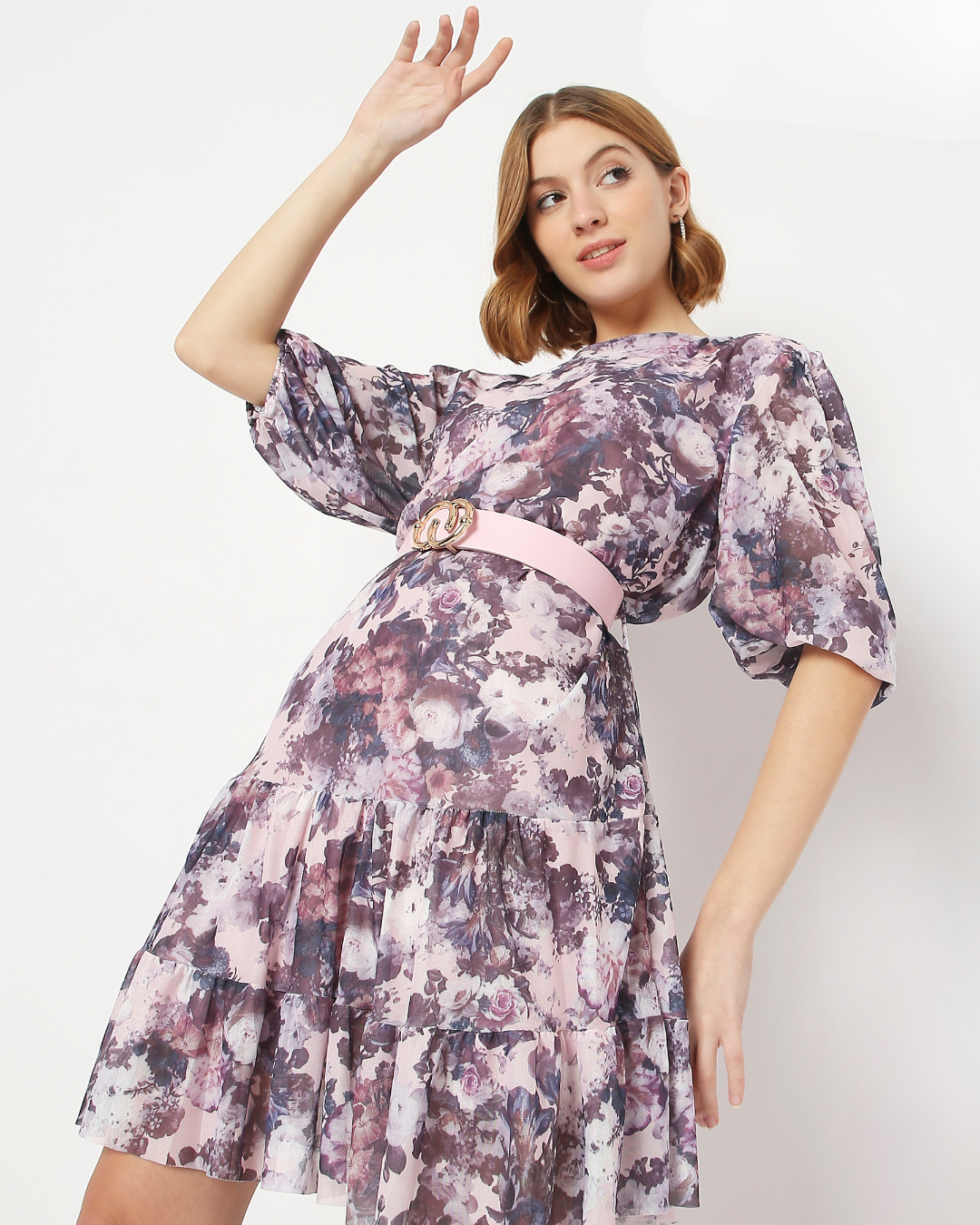 Women’s Floral Print Tiered Mini Dress with Belt