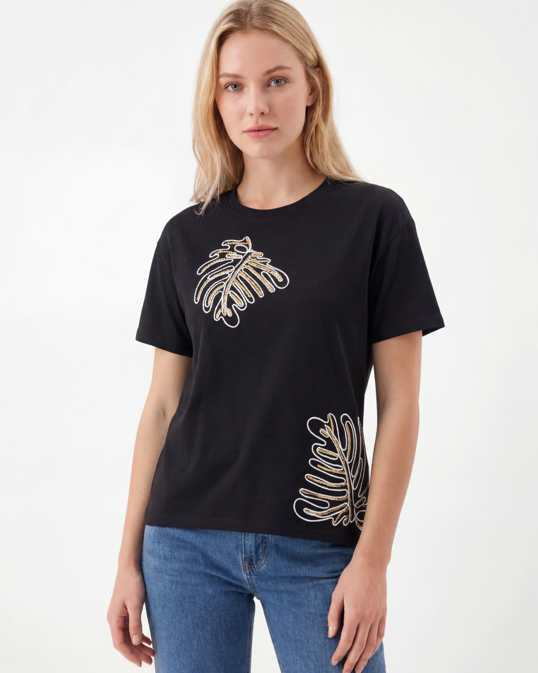 Leaf Embroidered Cotton T-shirt