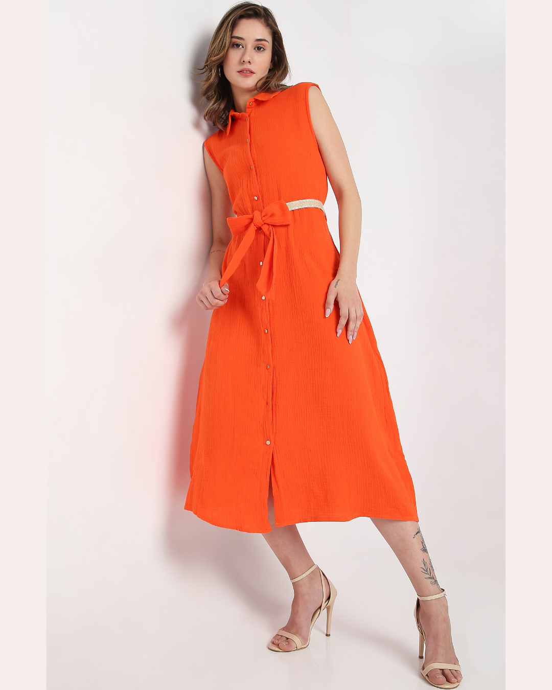 Sleeveless Shirt Collar Midi Dress