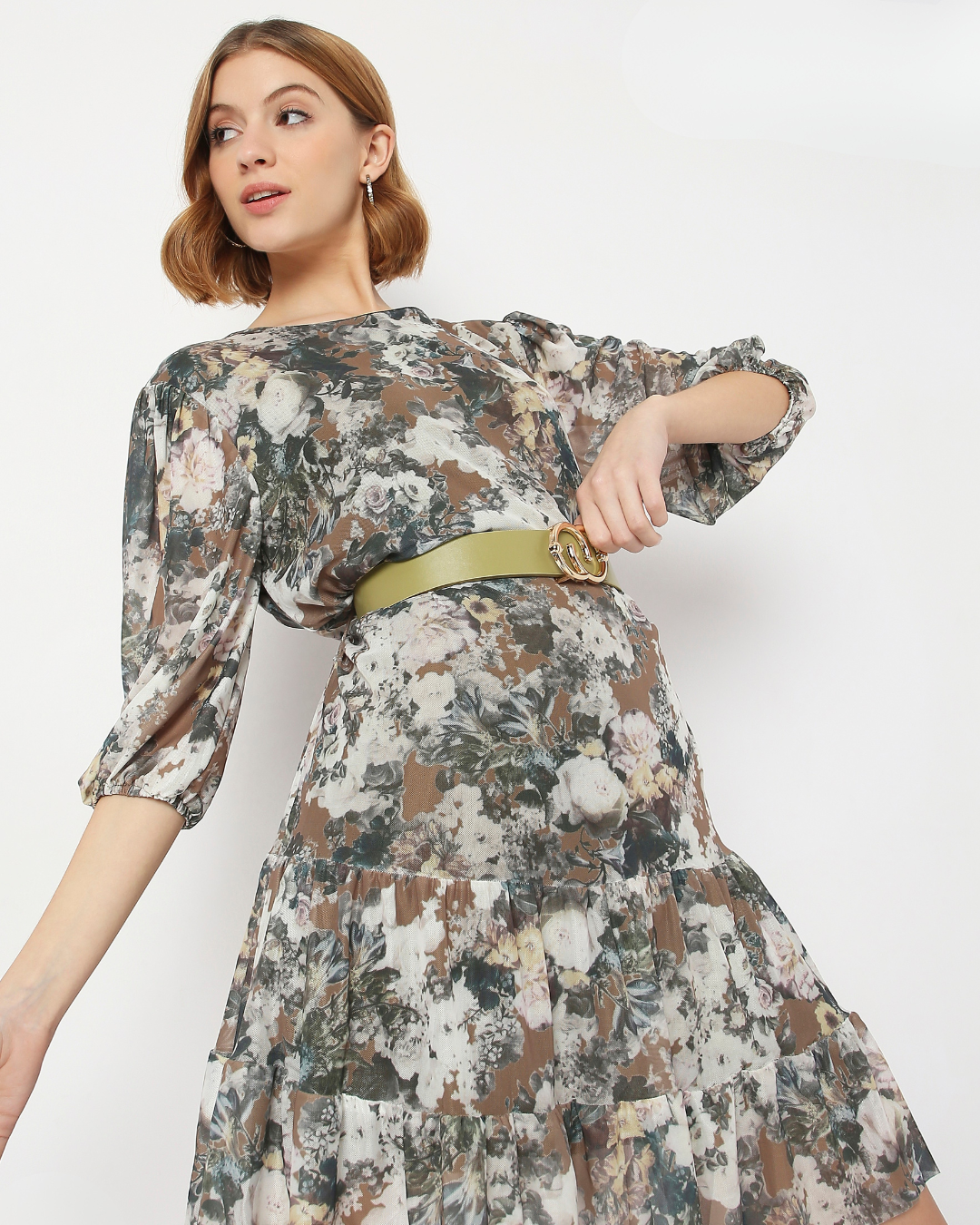 Women’s Floral Print Tiered Mini Dress with Belt