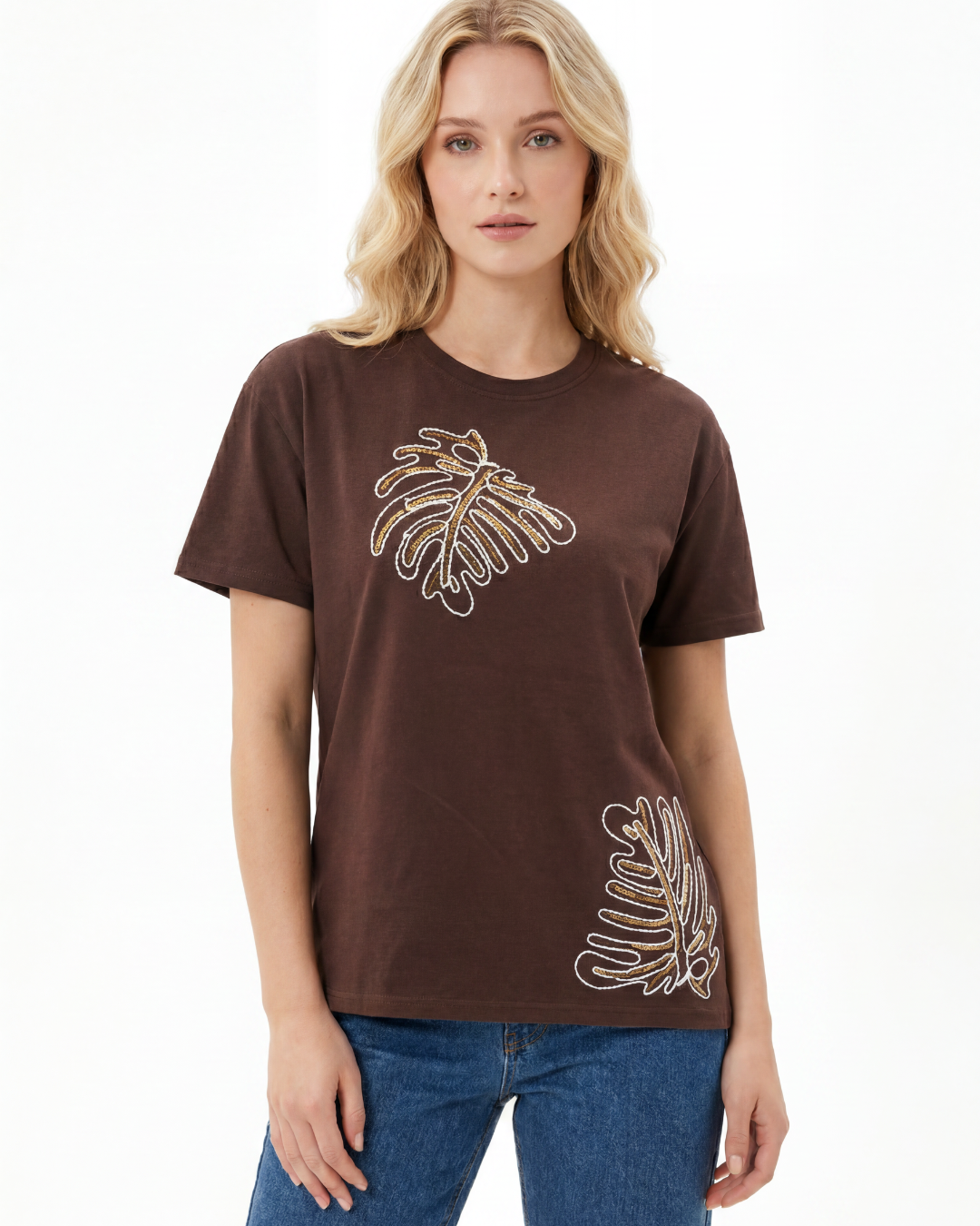 Leaf Embroidered Cotton T-shirt