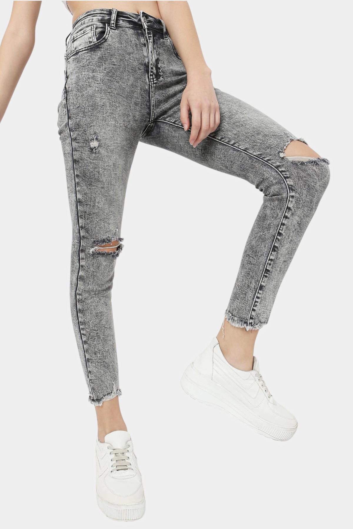 Grey Acid Wash Ripped Knee Skinny Jeans