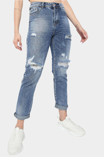 Blue Paint Splatter Distressed Mom Jeans