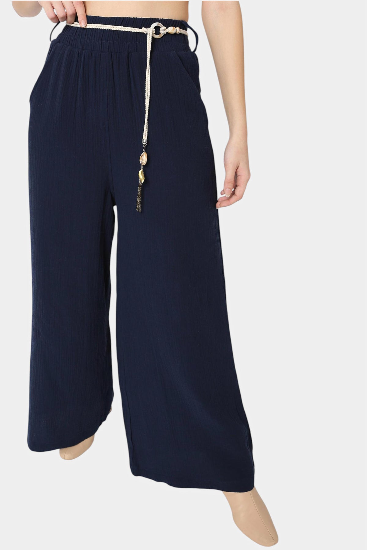 Navy Textured Wide Leg Palazzo Pants