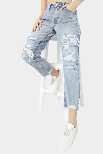Light Blue Heavily Distressed Straight Jeans