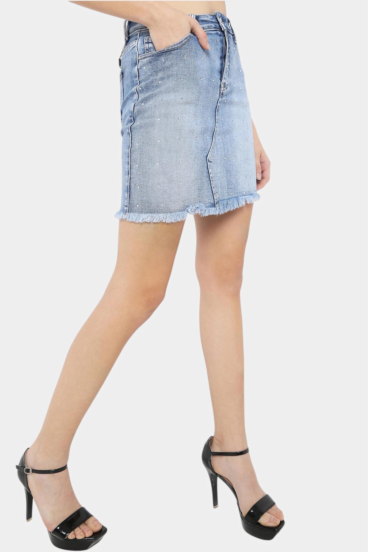 Denim Mini Skirt with Frayed Hem