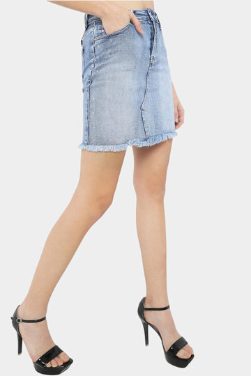 Denim Mini Skirt with Frayed Hem