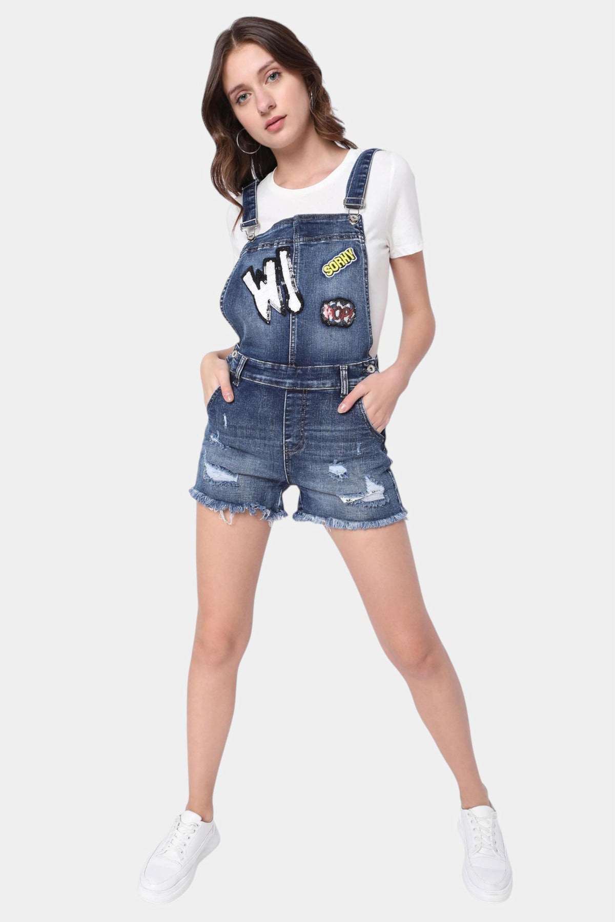 Blue Denim Dungaree Shorts with Patch Details