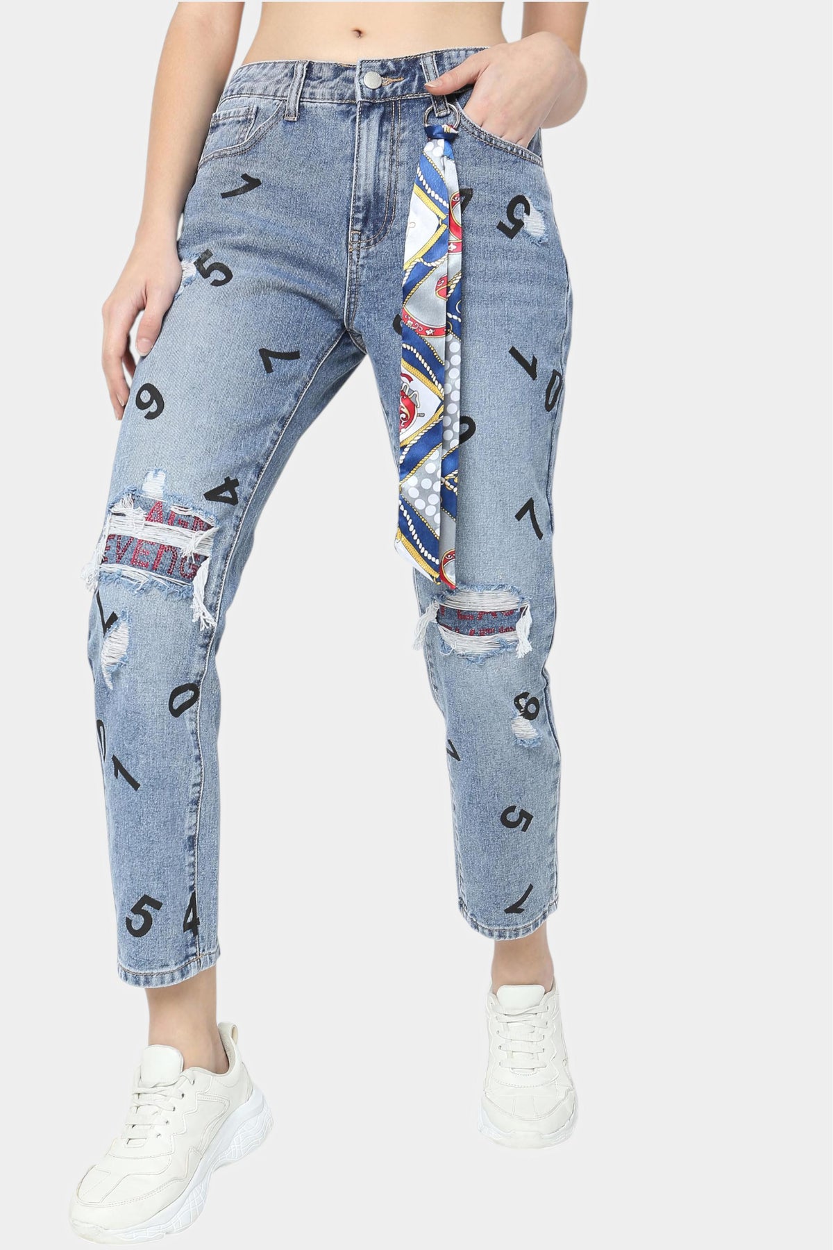Blue Number Print Distressed Mom Jeans