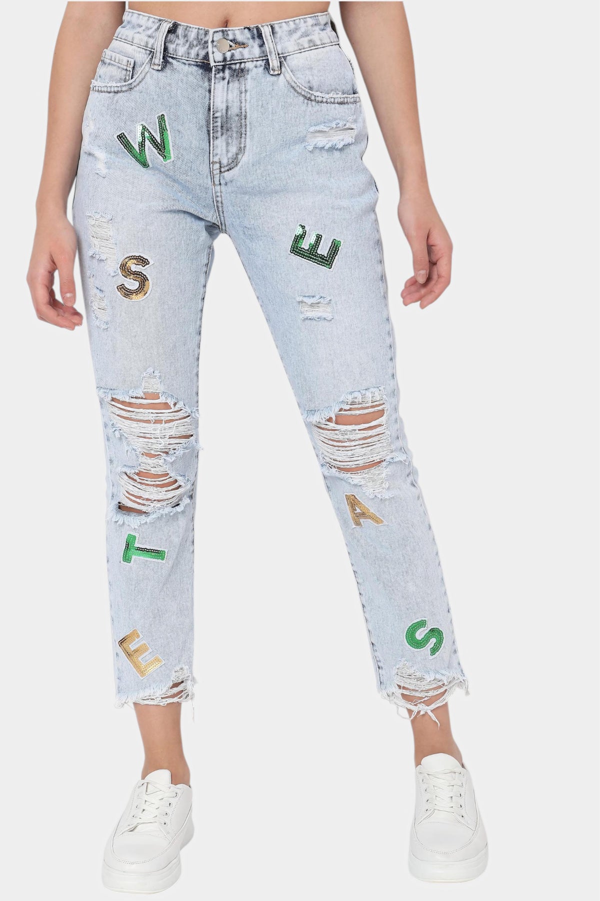 Light Blue Letter Patch Distressed Jeans