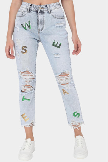 Light Blue Letter Patch Distressed Jeans