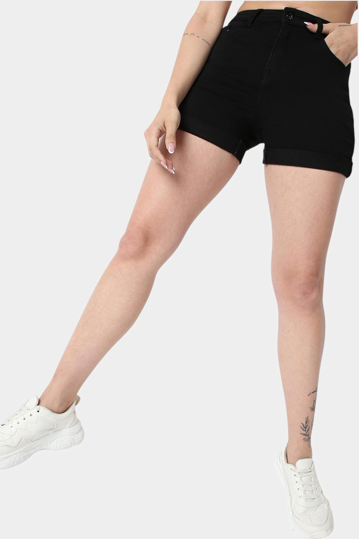 Black High Rise Denim Shorts with Turn-Up Hem