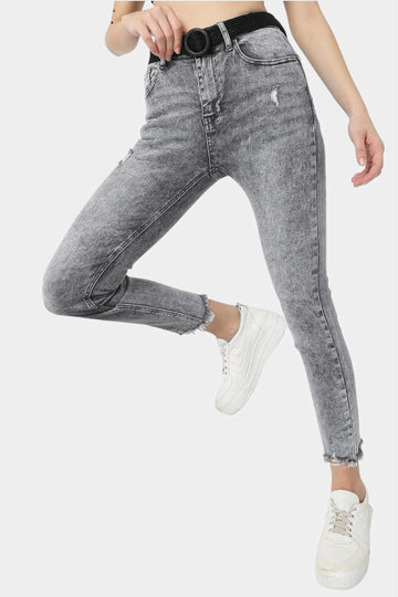 Grey Acid Wash Skinny Jeans with Frayed Hem