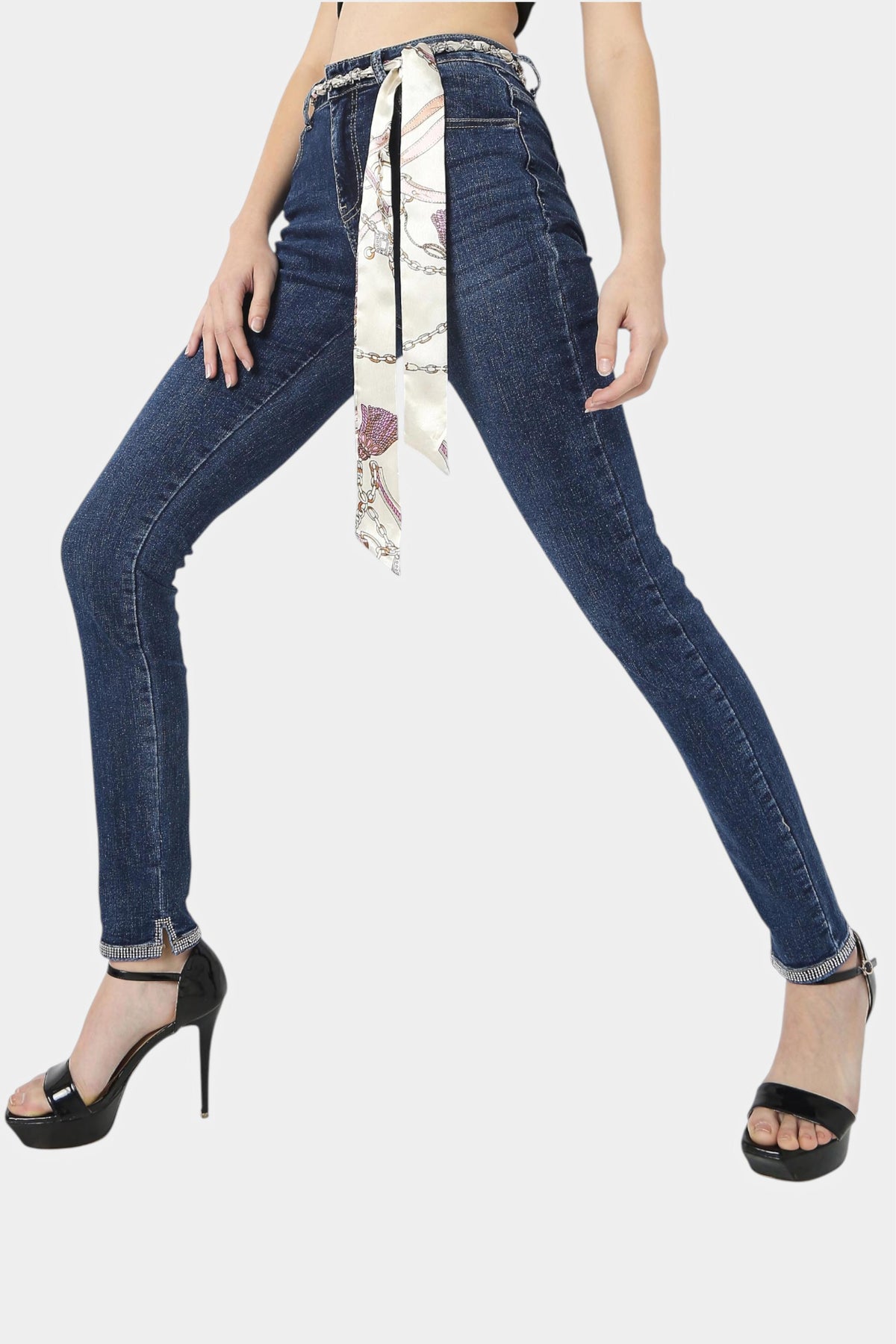 Dark Blue Skinny Jeans with Turn-Up Hem