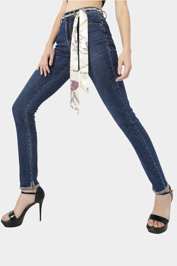 Dark Blue Skinny Jeans with Turn-Up Hem