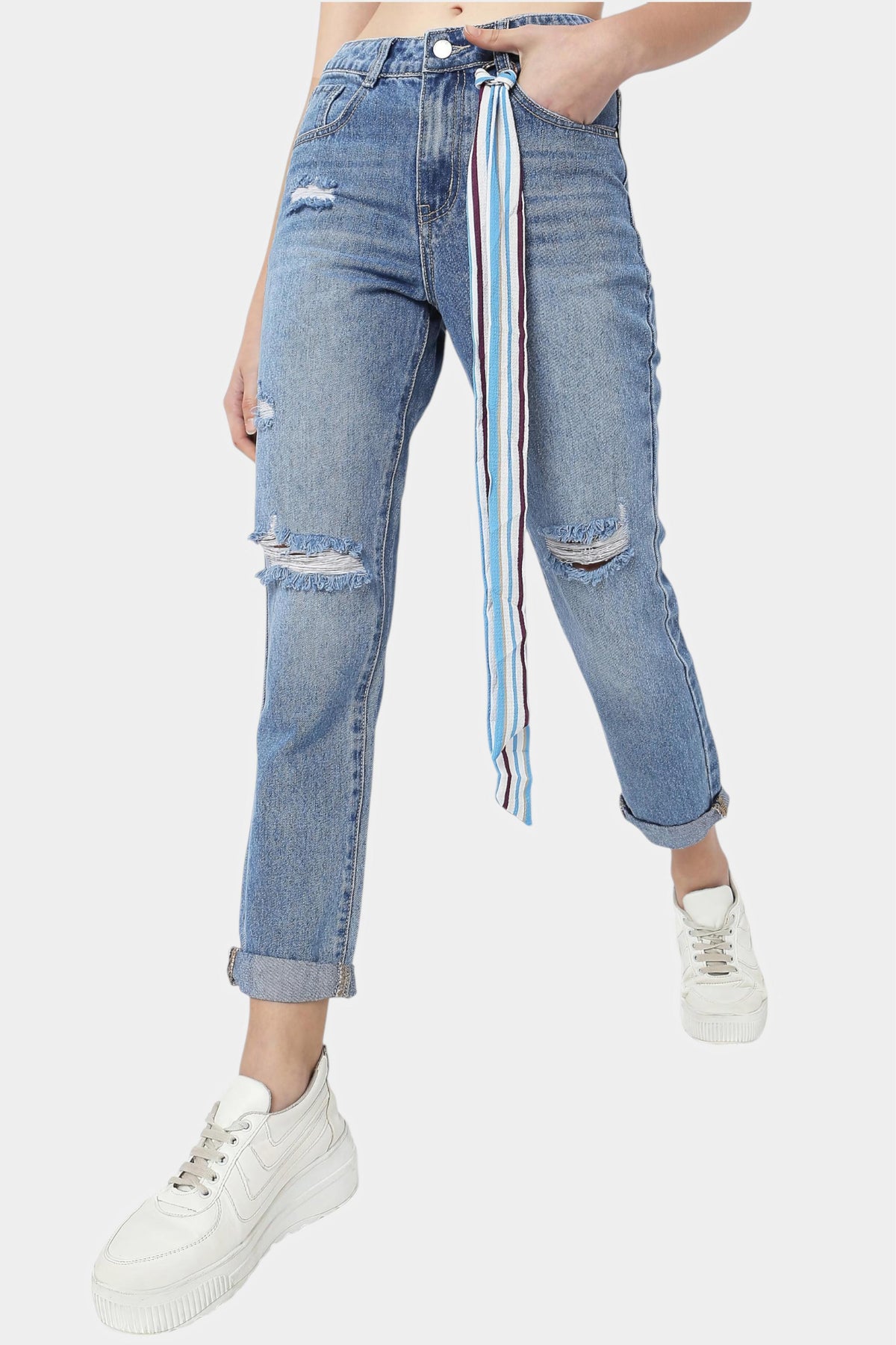 Mid Blue Ripped Knee Mom Fit Jeans
