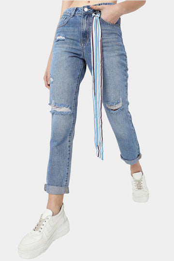 Mid Blue Ripped Knee Mom Fit Jeans