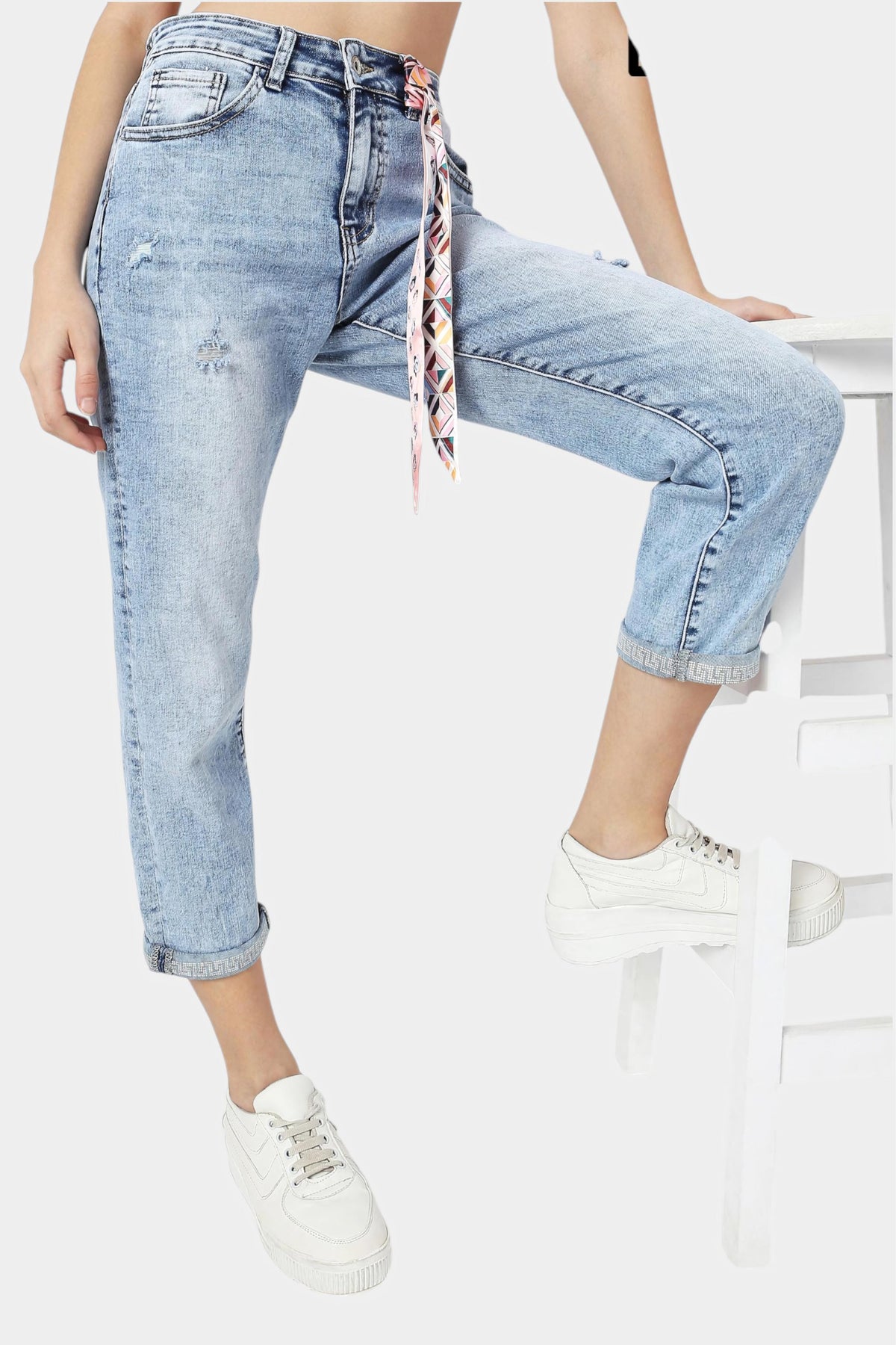 Light Blue Mom Jeans with Embellished Cuffs