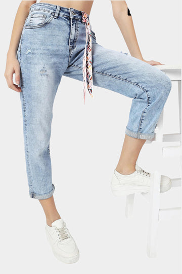 Light Blue Mom Jeans with Embellished Cuffs