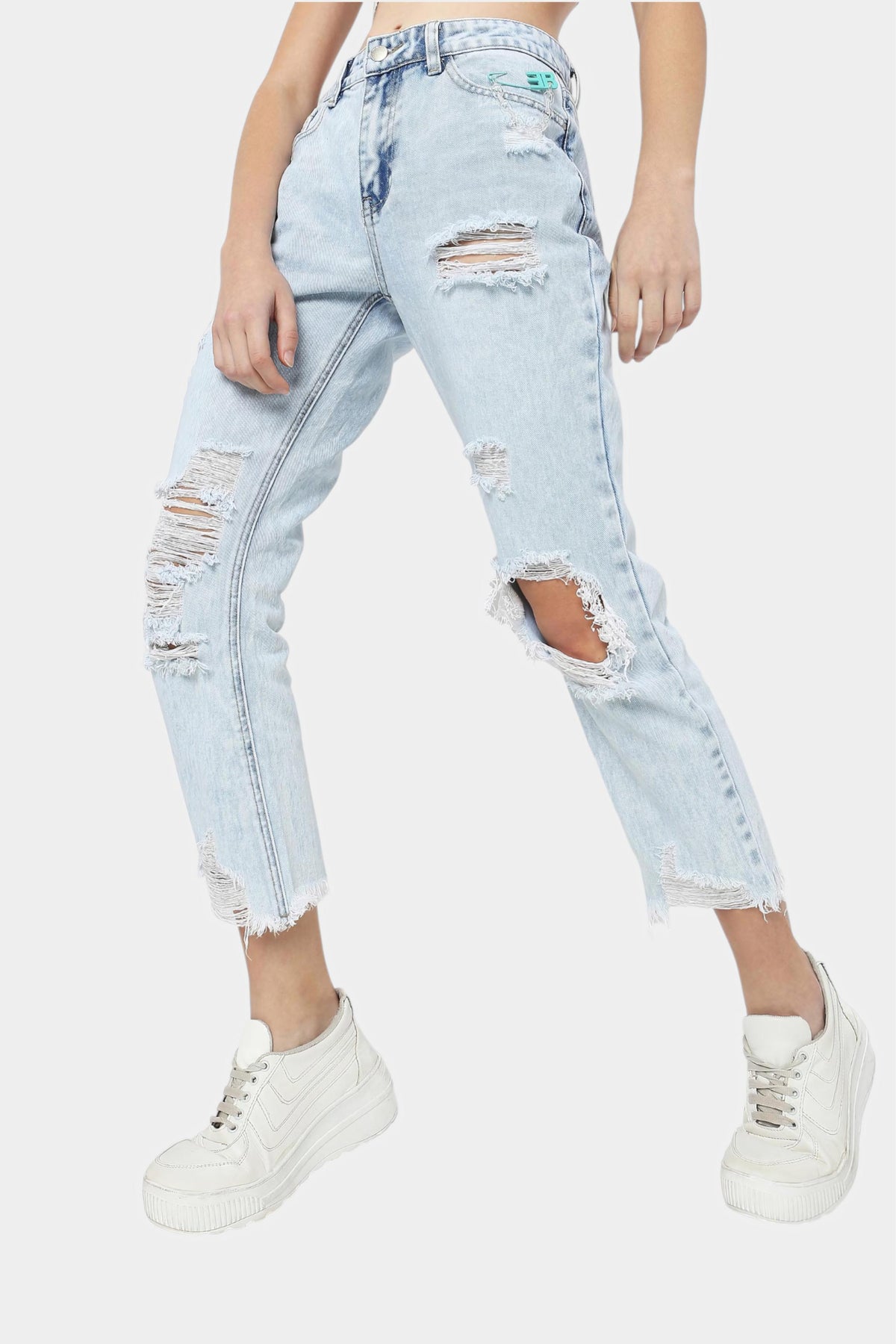Light Blue Heavily Distressed Mom Jeans