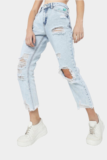 Light Blue Heavily Distressed Mom Jeans