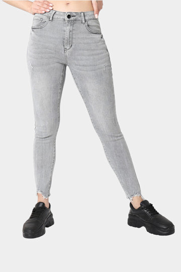 Grey High Rise Skinny Jeans with Frayed Hem