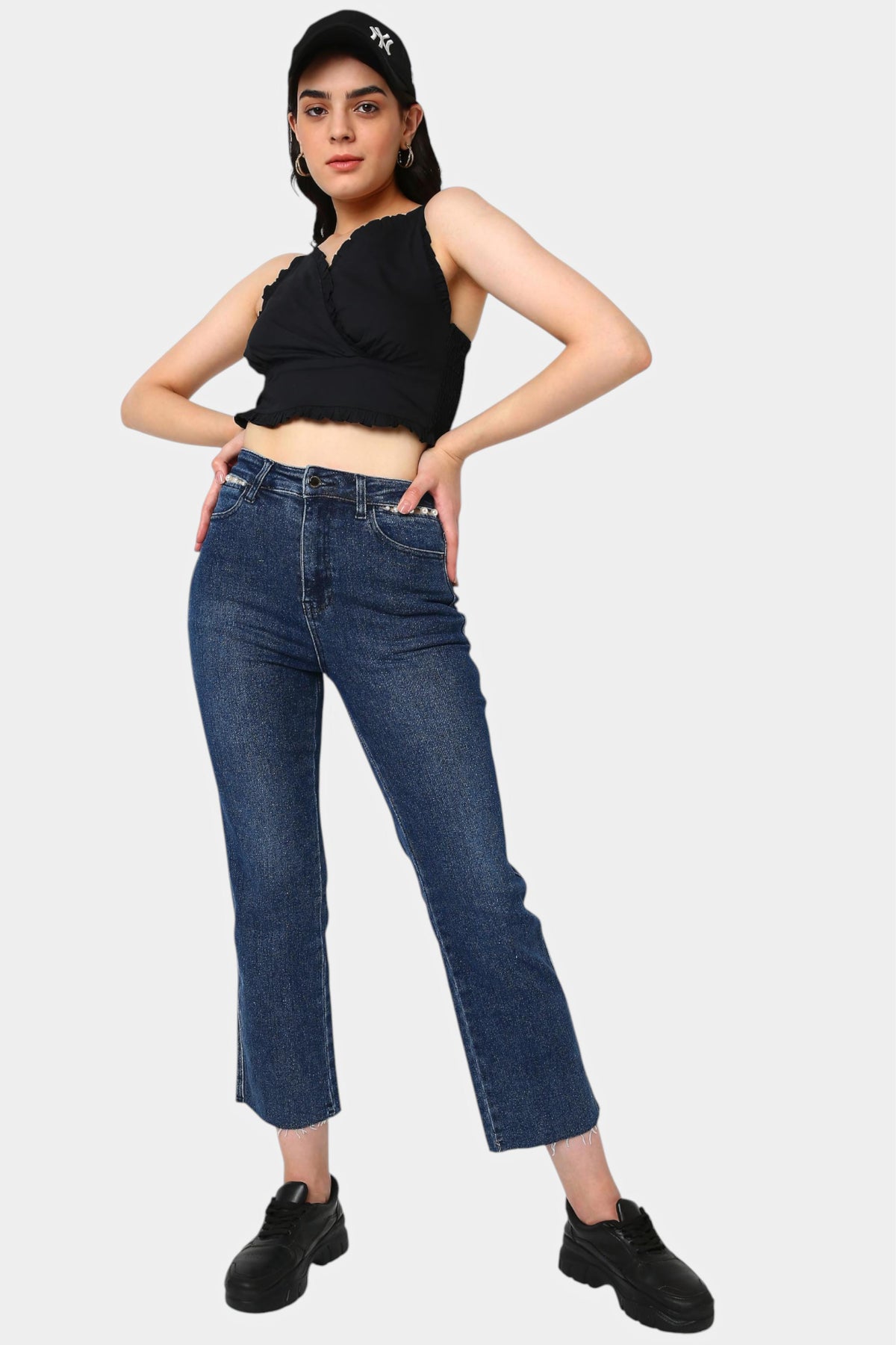 Mid Blue High Rise Straight Cropped Jeans