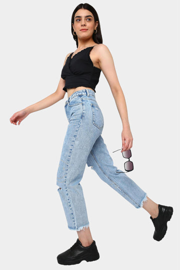 Light Blue High Rise Mom Jeans with Frayed Hem