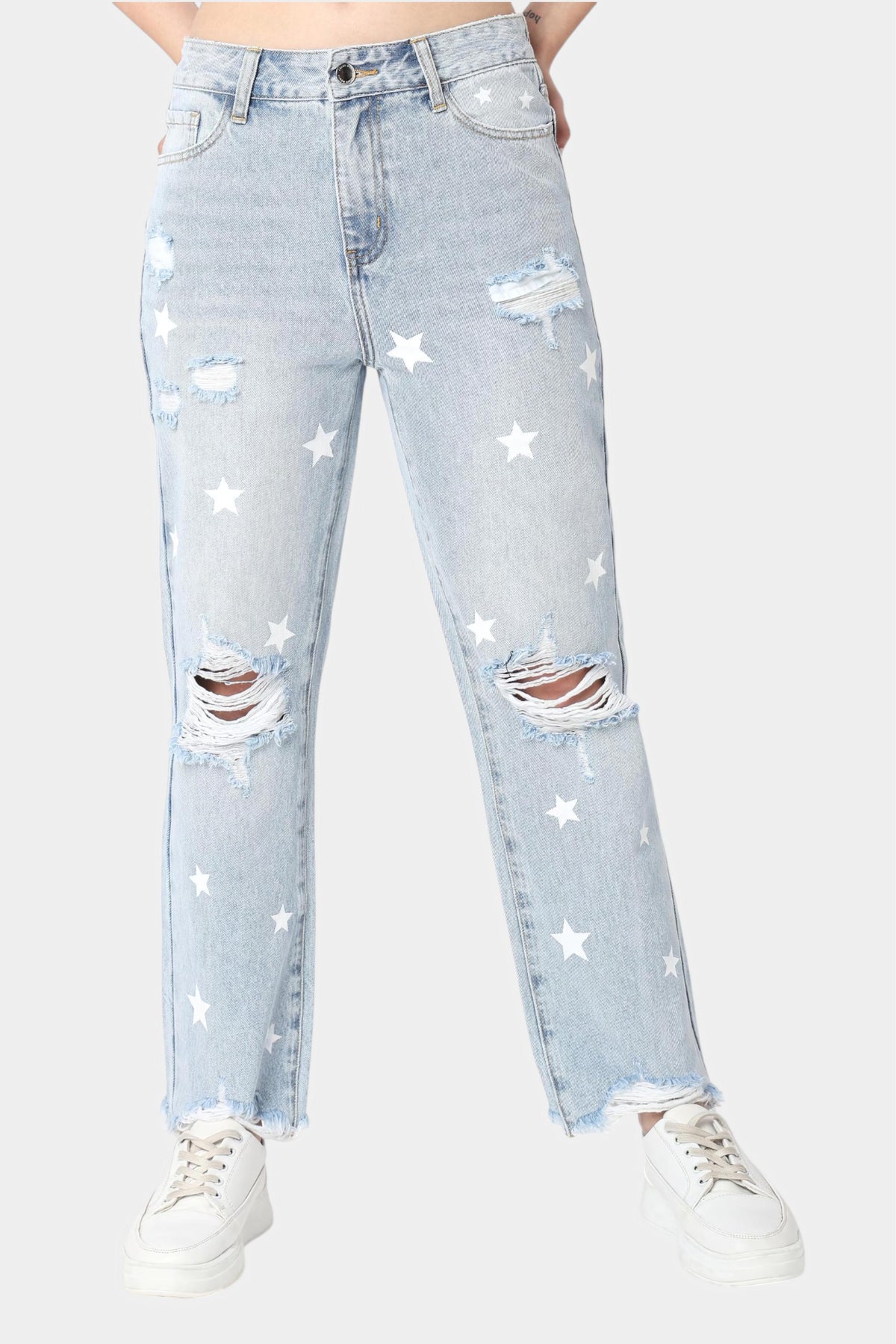 Light Blue Star Print Distressed Straight Jeans